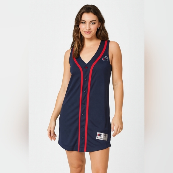 Champion Jersey Dress Naby Blue & Red Button Front Mesh Athletic Dress Size XS - Picture 1 of 16